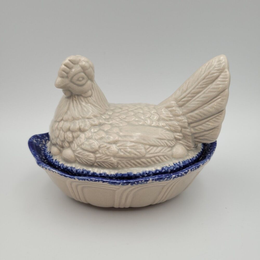 VTG Hen On Nest Covered Trinket Dish Ceramic Blue Off White Cottage Farmhouse